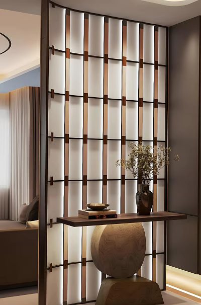 Modern Entryway Interior Design With Console Table Decorative Vase And Screen Partition 3d model