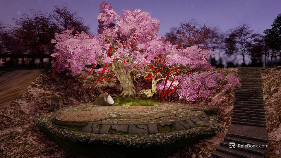 Enchanting Pink Flowering Tree Photo Spot with Red Decorations Stone Steps And Carved Characters 3d model 