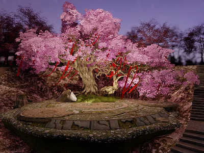 Enchanting Pink Flowering Tree Photo Spot with Red Decorations Stone Steps And Carved Characters 3d model