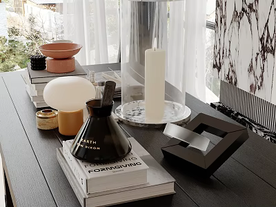 Elegant Modern Kitchen Countertop With Decorative Books Candle And Table Lamp 3d model