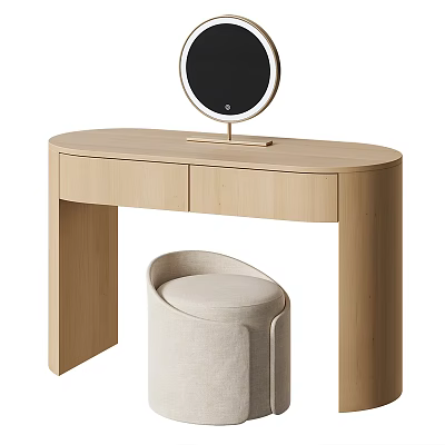 Modern Light Wooden Dressing Table With Round Mirror Drawers And Light Beige Padded Stool 3d model