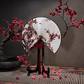 Traditional Decorative Ornament Set With Plum Blossom Fan Bonsai Tree And Scattered Petals