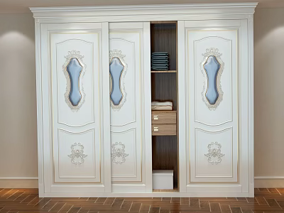White Carved Wardrobe With Sliding Doors Oval Mirrors And Interior Storage 3d model