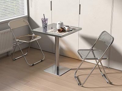 Transparent Chairs And Small Square Metal Leg Table By Window Light Colored Walls Wooden Floor 3d model