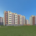 Modern Multi Storey Residential Building With Red Brick Light Walls And Green Lawn