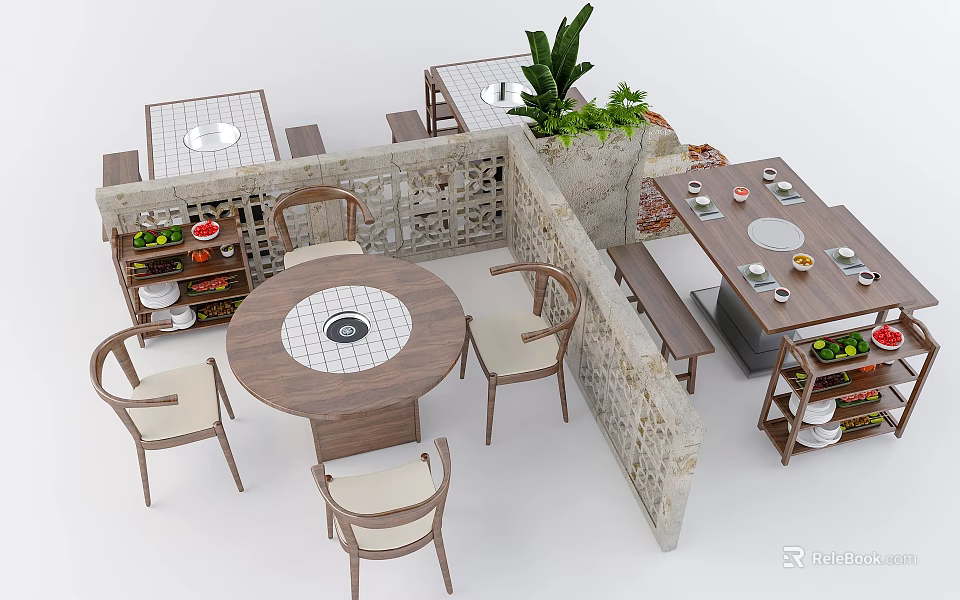 Stylish Dining Table Set With Round Table Chairs Stone Wall Potted Plants And Fruit Displays 3d model