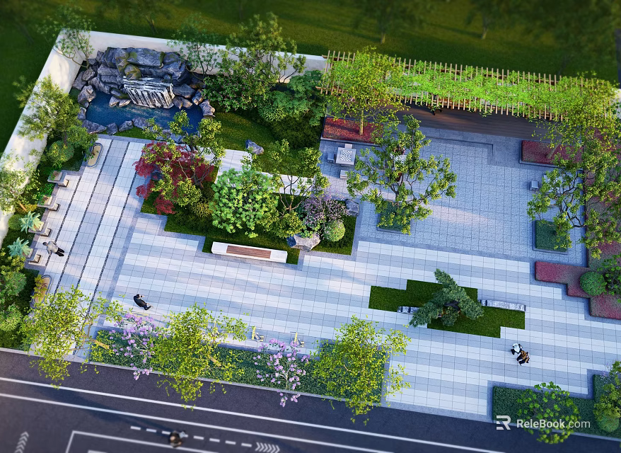 Beautiful Rooftop Garden Design With Lush Greenery Seating Benches And Water Feature 3d model 
