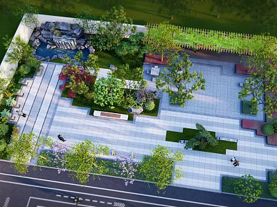 Beautiful Rooftop Garden Design With Lush Greenery Seating Benches And Water Feature 3d model