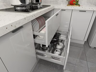 Modern Kitchen With White Cabinets Open Drawer And Organized Dishes 3d model