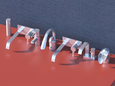 Multiple Modern Chrome Faucet Designs Displayed On Red Countertop Surface 3d model