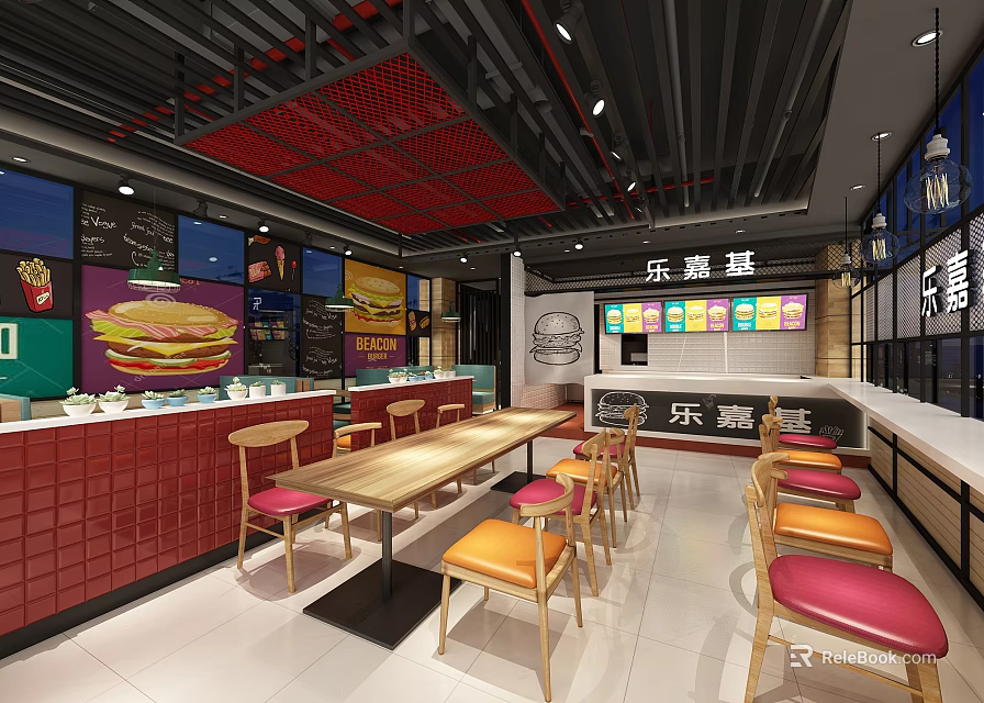 Modern Fast Food Restaurant Interior With Red Grid Ceiling Wooden Tables And Colorful Seats 3d model 