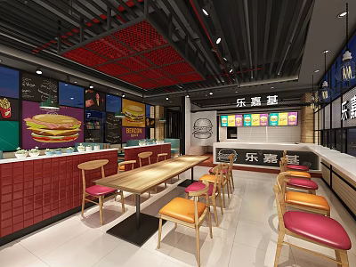 Modern Fast Food Restaurant Interior With Red Grid Ceiling Wooden Tables And Colorful Seats 3d model