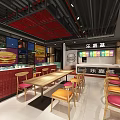 Modern Fast Food Restaurant Interior With Red Grid Ceiling Wooden Tables And Colorful Seats