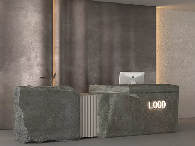 Modern Stone Reception Desk With Illuminated LOGO Computer Monitor Small Plant And Textured Gray Wall 3d model