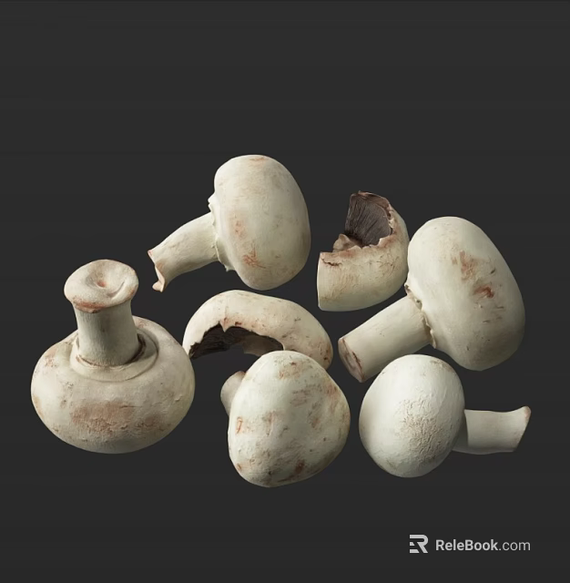 Fresh White Mushrooms Whole and Sliced Arranged on Dark Background 3d model 