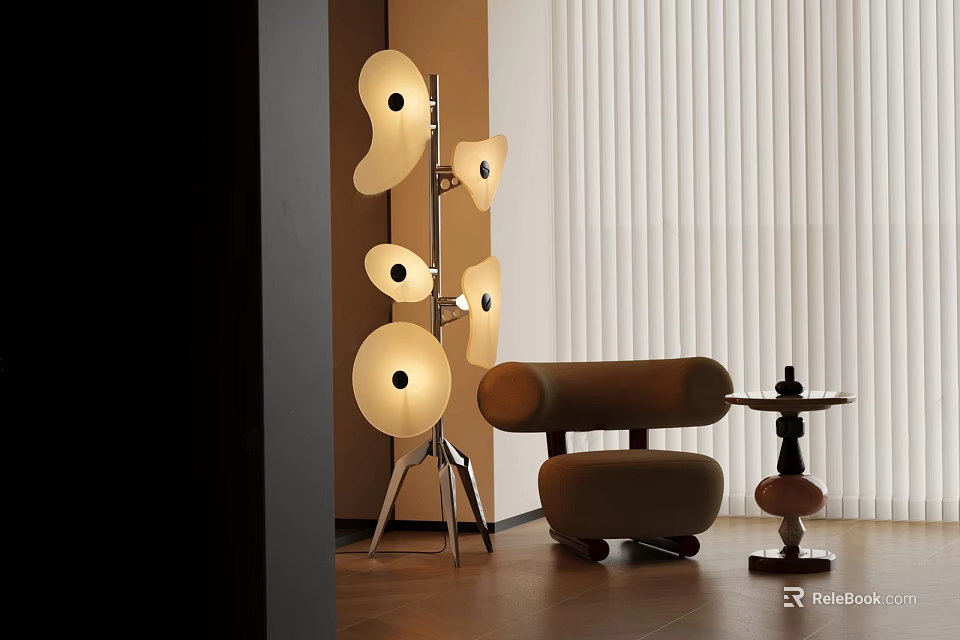 Modern Floor Lamp With Multiple Circular Shades Metal Stand And Beige Chair In Living Room 3d model 