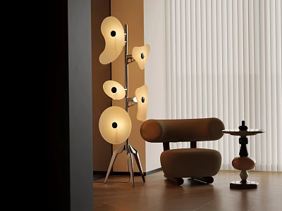 Modern Floor Lamp With Multiple Circular Shades Metal Stand And Beige Chair In Living Room 3d model