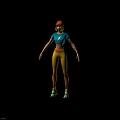 Stylized Character Wearing Blue Lightning Crop Top And Yellow Gradient Leggings With Arm Tattoo