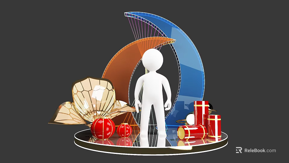 Scene With White Human Figure Blue Orange Curved Structures Lantern Red Spheres Gift Boxes 3d model