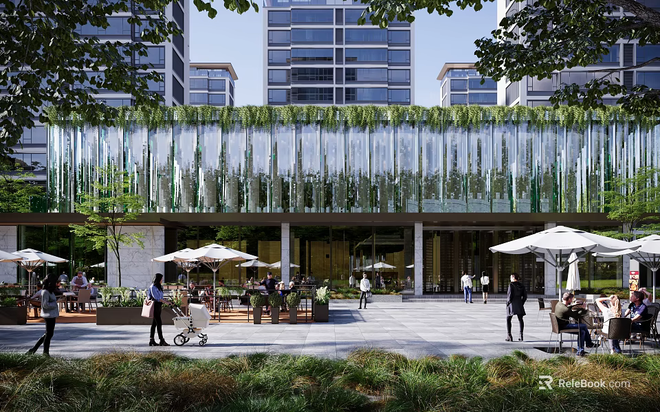 Modern Shopping Mall Store Exterior With Glass Curtain Wall Greenery And Outdoor Seating Area 3d model 
