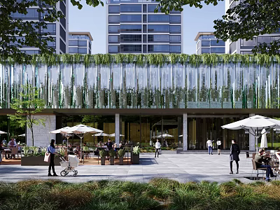Modern Shopping Mall Store Exterior With Glass Curtain Wall Greenery And Outdoor Seating Area 3d model