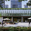 Modern Shopping Mall Store Exterior With Glass Curtain Wall Greenery And Outdoor Seating Area