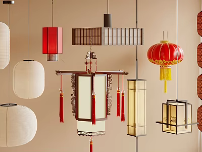 Traditional And Modern Chinese Lanterns Hanging In Red White Beige Colors With Tassels 3d model