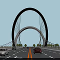 Modern Bridge Design With Unique Arch Towers Spanning River Green Landscape And Vehicle Reflection