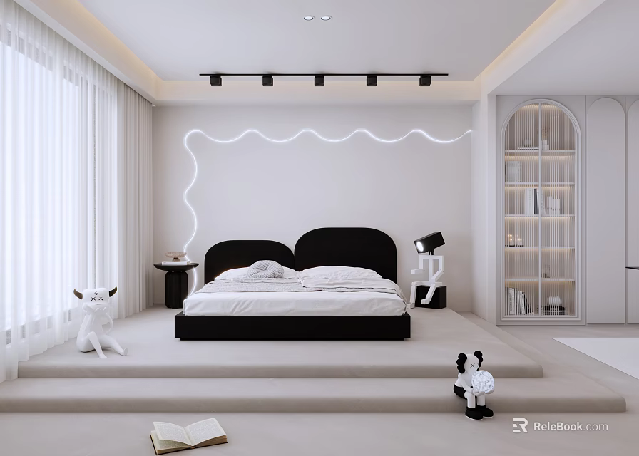 Modern Minimalist Bedroom With Black Bed Wavy Light Strips White Curtains Bookshelf And Stuffed Toys 3d model 