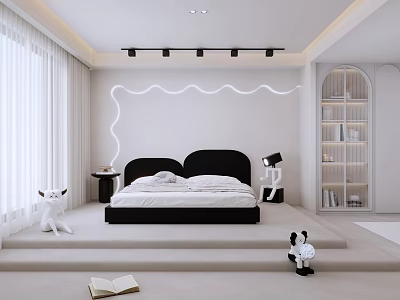 Modern Minimalist Bedroom With Black Bed Wavy Light Strips White Curtains Bookshelf And Stuffed Toys 3d model
