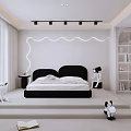 Modern Minimalist Bedroom With Black Bed Wavy Light Strips White Curtains Bookshelf And Stuffed Toys