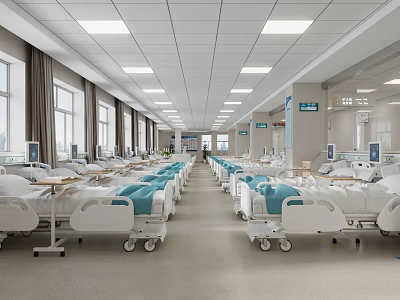Spacious Hospital Ward Interior With Neatly Arranged Medical Beds Windows And Ceiling Lights 3d model