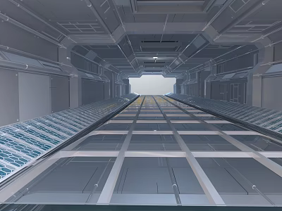 Cartoon Futuristic Corridor With Metal Structures Transparent Panels Grid Floor And Light At The End 3d model