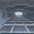 Cartoon Futuristic Corridor With Metal Structures Transparent Panels Grid Floor And Light At The End