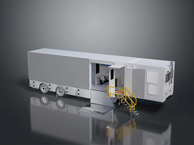 Large White Mobile Truck With Open Door Yellow Stairs And Interior Equipment 3d model