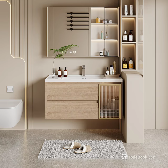Modern Bathroom Vanity Set With Light Wood Cabinet Sink Mirror And Storage Shelves 3d model 