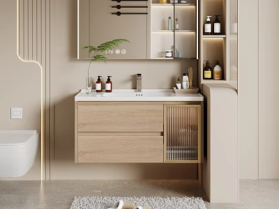 Modern Bathroom Vanity Set With Light Wood Cabinet Sink Mirror And Storage Shelves 3d model