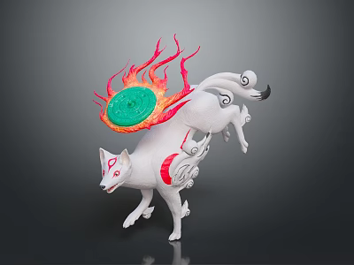 White Mythical Fox With Red Accents Carrying Green Circular Object And Flame Patterns 3d model