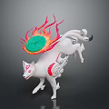 White Mythical Fox With Red Accents Carrying Green Circular Object And Flame Patterns