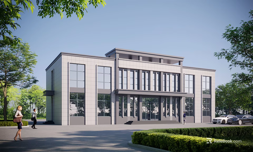 Modern Office Building Exterior With Large Glass Windows Gray Walls And Front Greenery 3d model 