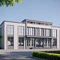 Modern Office Building Exterior With Large Glass Windows Gray Walls And Front Greenery