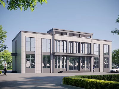 Modern Office Building Exterior With Large Glass Windows Gray Walls And Front Greenery 3d model