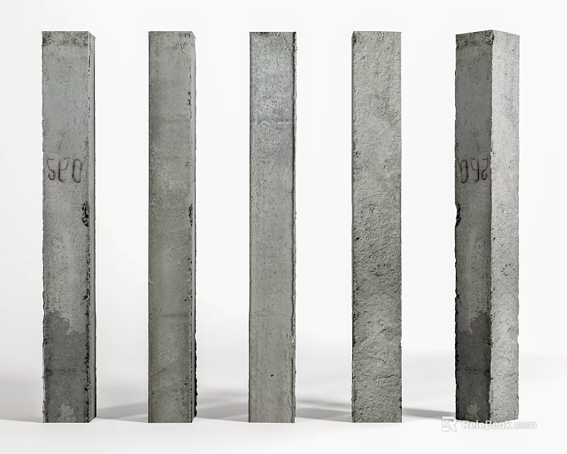 Five Concrete Columns With Textured Surface And Markings Like SFC And DK 3d model