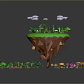 Cartoon Scene With Floating Island Green Grass Trees Purple Clouds And Colorful Mushrooms