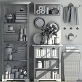 White Bathroom Cabinet With Decorative Mirror Red Flowers Towels And Storage Baskets
