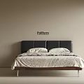Modern Platform Double Bed With Black Leather Headboard Wooden Frame And Textured White Bedspread