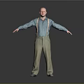 Bald Man Standing in Blue Shirt and Beige Suspenders with Arms Outstretched Against Gray Background