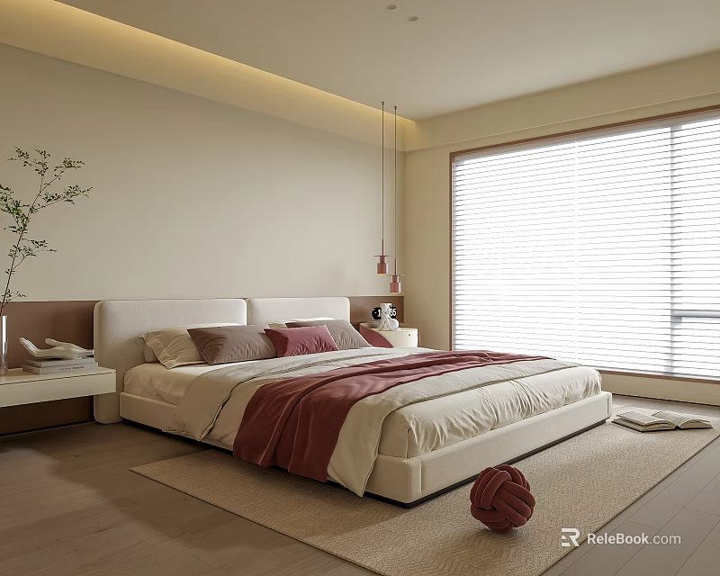 Modern Bedroom With Upholstered Bed Red Blanket Nightstand Green Plant Window Blinds And Natural Light 3d model 