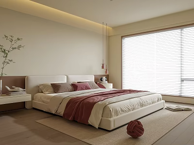 Modern Bedroom With Upholstered Bed Red Blanket Nightstand Green Plant Window Blinds And Natural Light 3d model