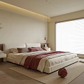 Modern Bedroom With Upholstered Bed Red Blanket Nightstand Green Plant Window Blinds And Natural Light